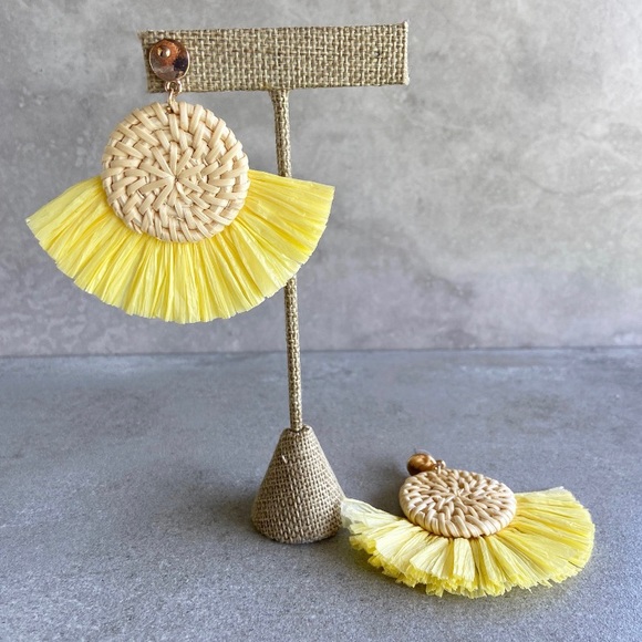 Rattan Yellow Woven Fashion Statement Earrings - Picture 6 of 6